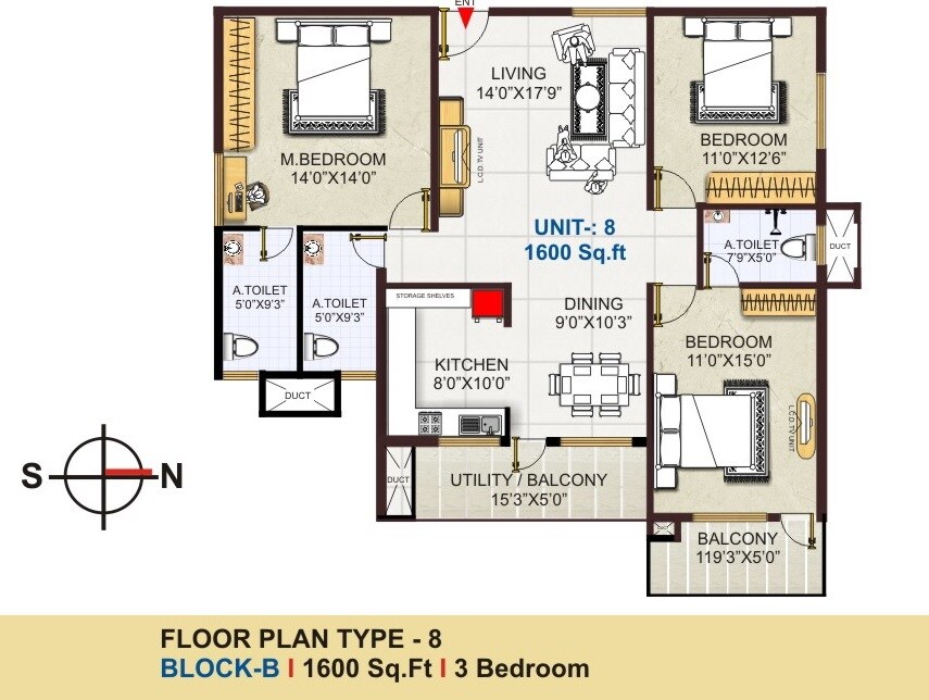 Floor plan of 3 BHK 1600 Sq. Ft. Apartment in GK Golden City, Bangalore
