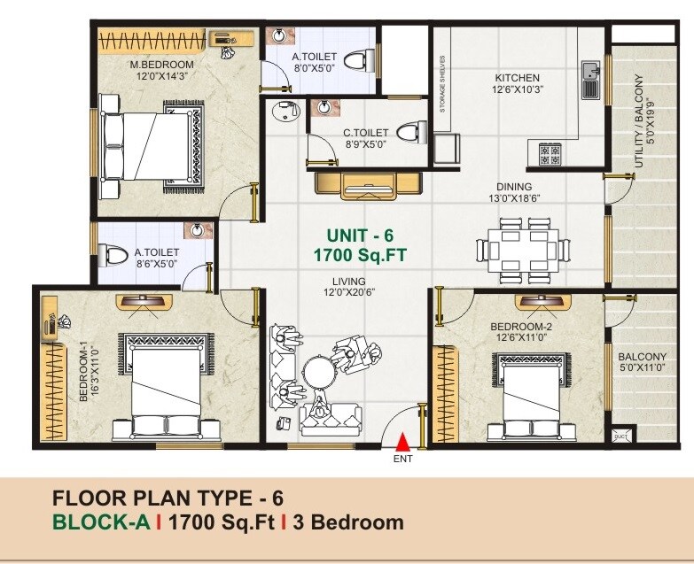 Floor plan of 3 BHK 1700 Sq. Ft. Apartment in GK Golden City, Bangalore