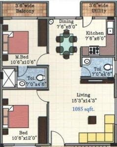 Floor plan of 2 BHK 1085 Sq. Ft. Apartment in GK Magnolia, Bangalore