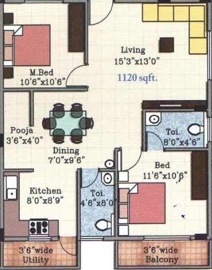 Floor plan of 2 BHK 1120 Sq. Ft. Apartment in GK Magnolia, Bangalore