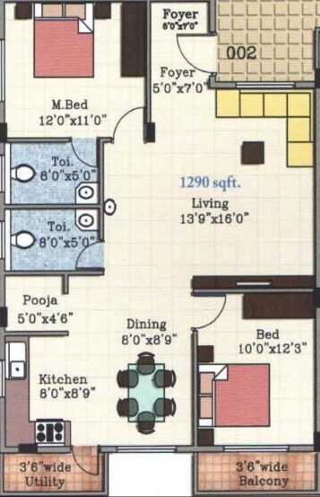 Floor plan of 2 BHK 1290 Sq. Ft. Apartment in GK Magnolia, Bangalore