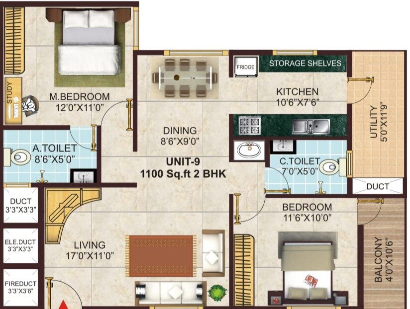 Floor plan of 2 BHK 1100 Sq. Ft. Apartment in GK Meadows, Bangalore