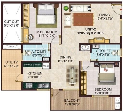 Floor plan of 2 BHK 1205 Sq. Ft. Apartment in GK Meadows, Bangalore