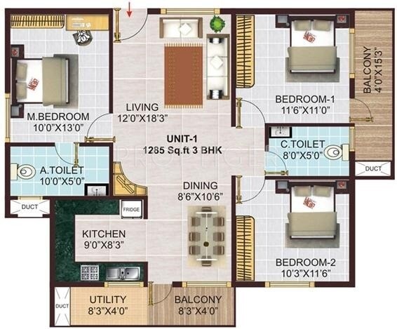 Floor plan of 3 BHK 1285 Sq. Ft. Apartment in GK Meadows, Bangalore