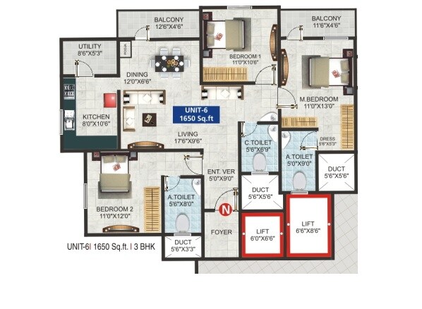 3 BHK 1650 Sq. Ft. Apartment