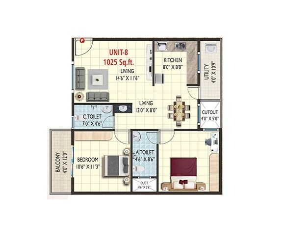 Floor plan of 2 BHK 1025 Sq. Ft. Apartment in GKR Krishna Iris, Bangalore
