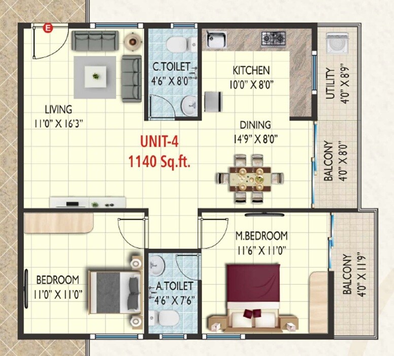 Floor plan of 2 BHK 1140 Sq. Ft. Apartment in GKR Krishna Iris, Bangalore