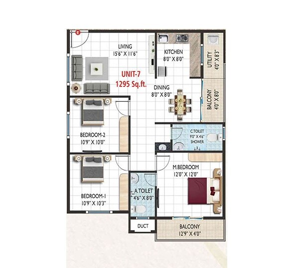 Floor plan of 3 BHK 1295 Sq. Ft. Apartment in GKR Krishna Iris, Bangalore