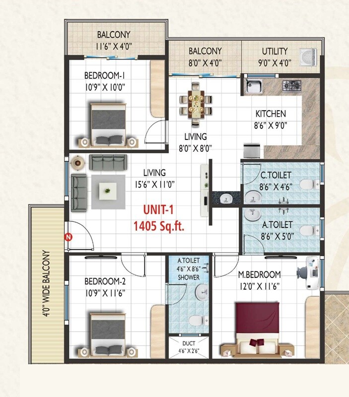 Floor plan of 3 BHK 1405 Sq. Ft. Apartment in GKR Krishna Iris, Bangalore