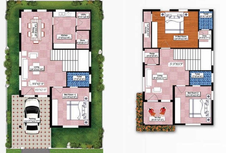Floor plan of 3 BHK 1453 Sq. Ft. Villa in Global Golden Pearl, Bangalore