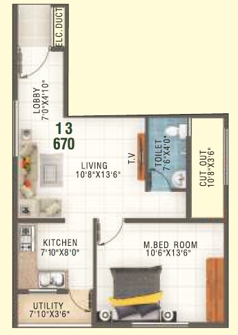 1 BHK 670 Sq. Ft. Apartment