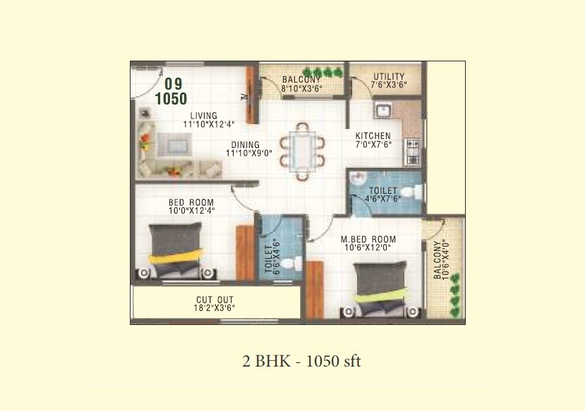 Floor plan of 2 BHK 1050 Sq. Ft. Apartment in Global Green Apple Hikes, Bangalore