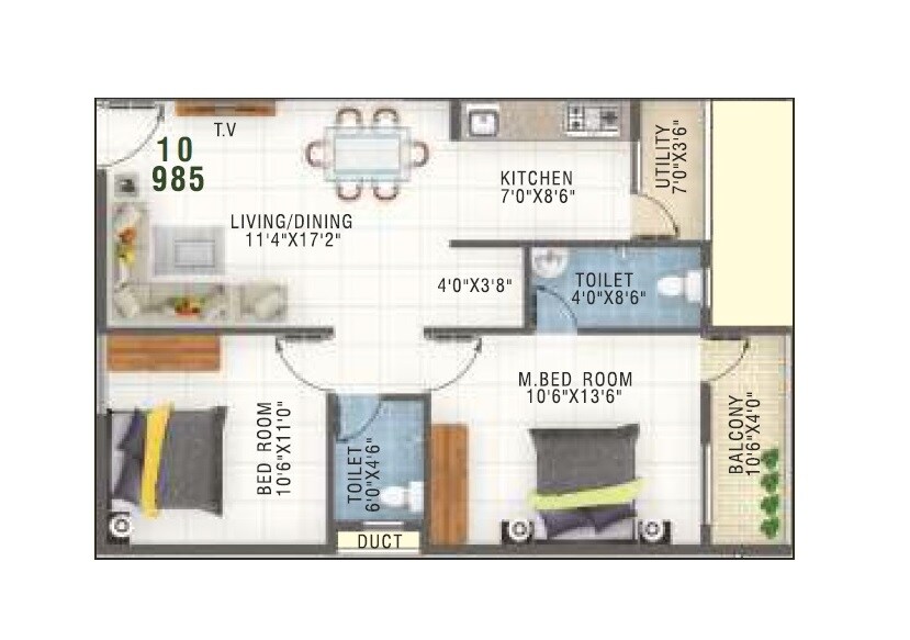 2 BHK 985 Sq. Ft. Apartment