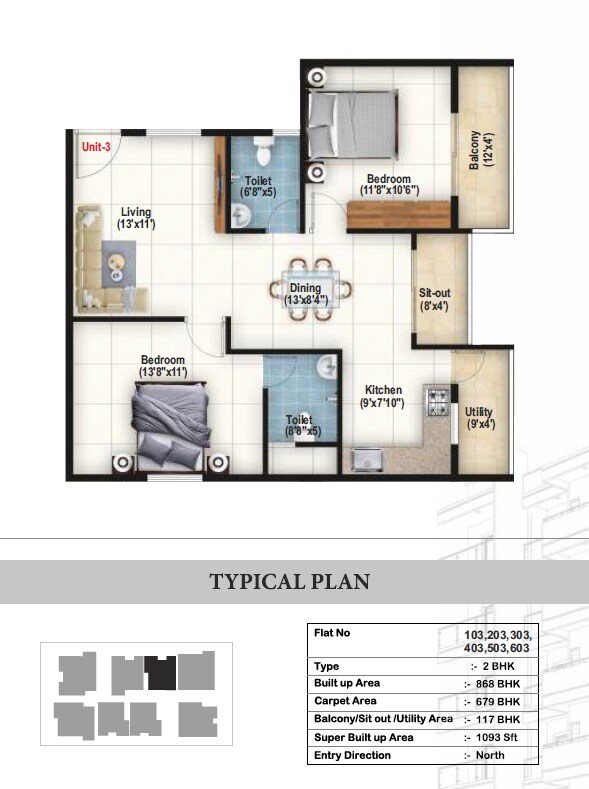Floor plan of 2 BHK 1093 Sq. Ft. Apartment in Global Legacy, Bangalore