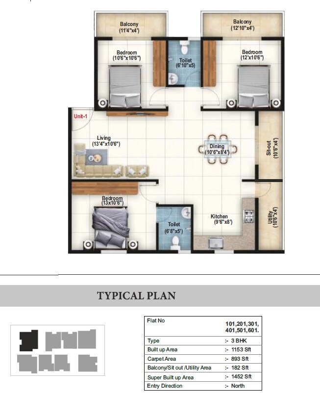 Floor plan of 3 BHK 1452 Sq. Ft. Apartment in Global Legacy, Bangalore