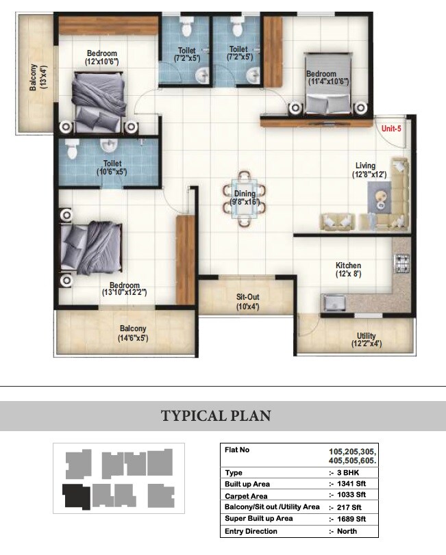 Floor plan of 3 BHK 1689 Sq. Ft. Apartment in Global Legacy, Bangalore