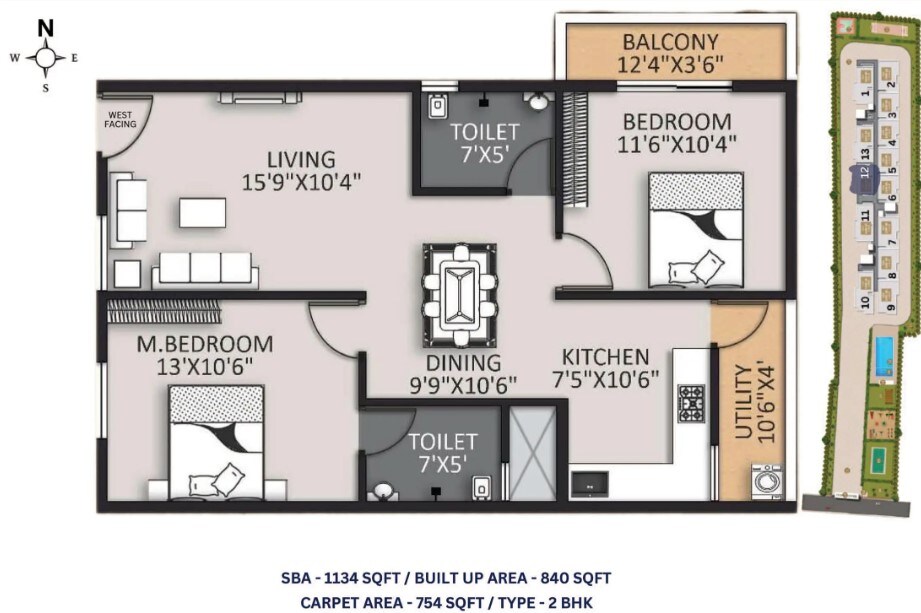 Floor plan of 2 BHK 1134 Sq. Ft. Apartment in Global Orlean, Bangalore