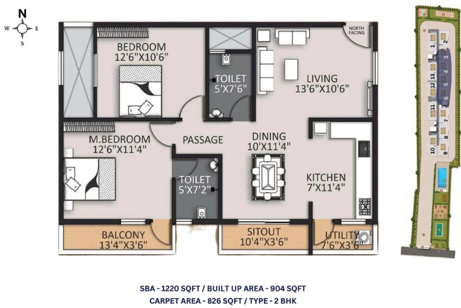 Floor plan of 2 BHK 1220 Sq. Ft. Apartment in Global Orlean, Bangalore