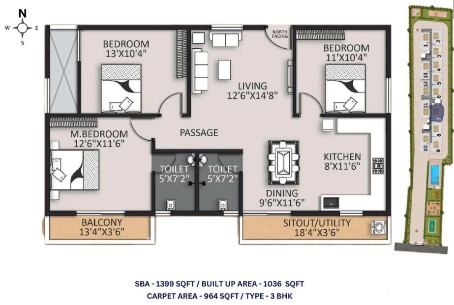 Floor plan of 3 BHK 1399 Sq. Ft. Apartment in Global Orlean, Bangalore