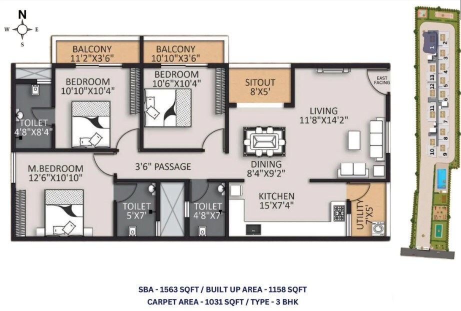 Floor plan of 3 BHK 1563 Sq. Ft. Apartment in Global Orlean, Bangalore