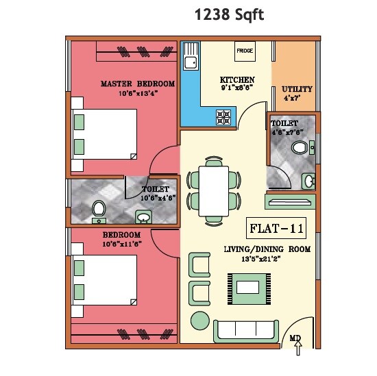 Floor plan of 2 BHK 1238 Sq. Ft. Apartment in Global Pinnacle, Bangalore