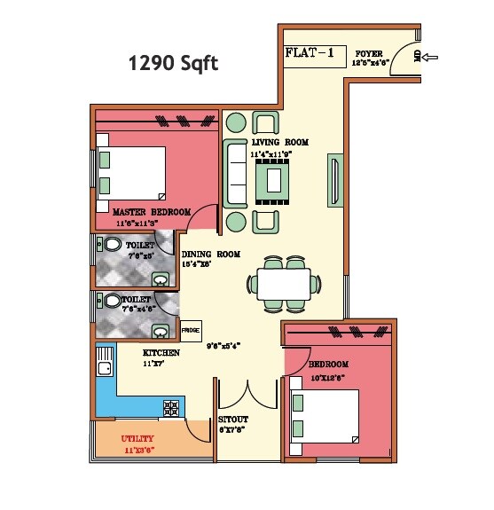 Floor plan of 2 BHK 1290 Sq. Ft. Apartment in Global Pinnacle, Bangalore