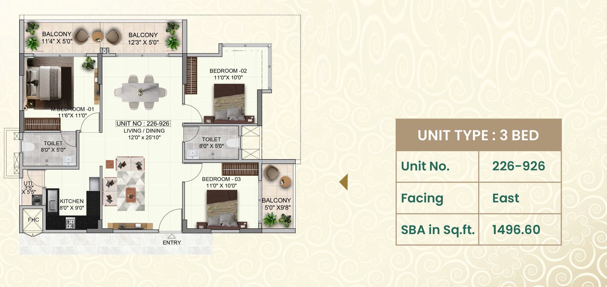 Floor plan of 3 BHK 1496 Sq. Ft. Apartment in Global The Clan, Bangalore
