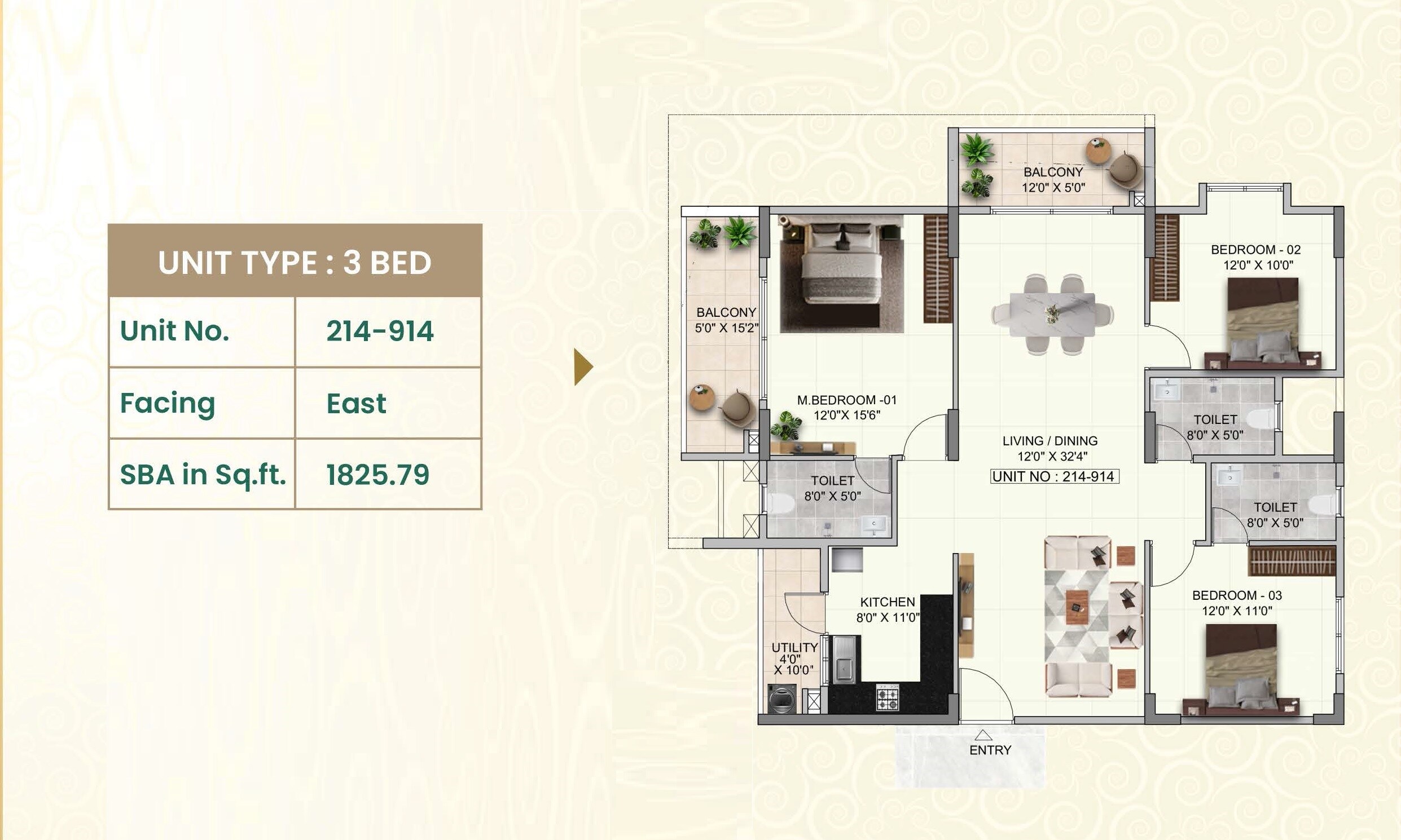 Floor plan of 3 BHK 1825 Sq. Ft. Apartment in Global The Clan, Bangalore