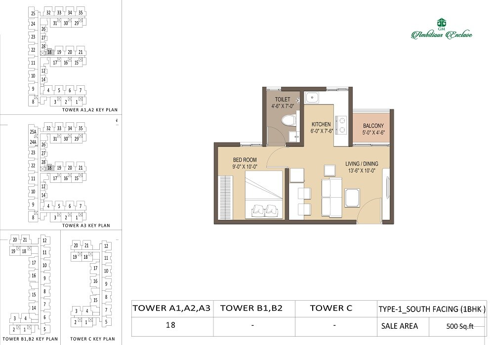 Floor plan of 1 BHK 500 Sq. Ft. Apartment in GM Ambitious Enclave, Bangalore