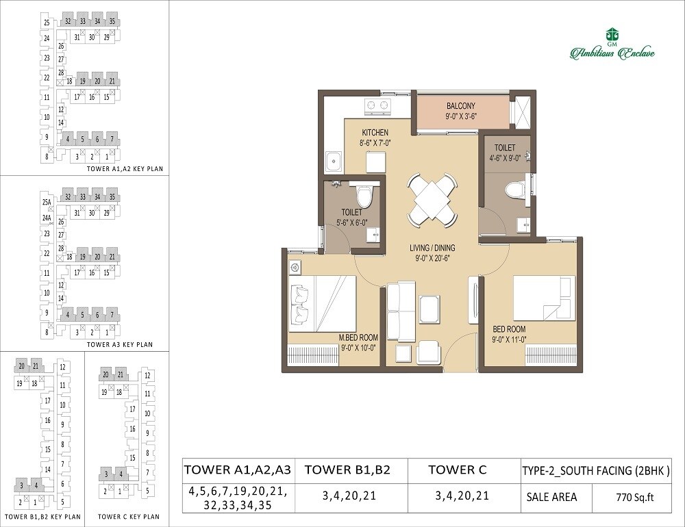 Floor plan of 2 BHK 770 Sq. Ft. Apartment in GM Ambitious Enclave, Bangalore