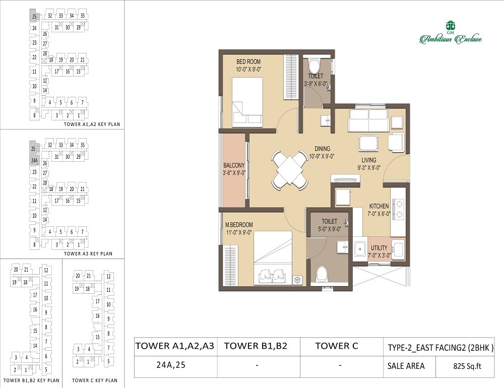 Floor plan of 2 BHK 825 Sq. Ft. Apartment in GM Ambitious Enclave, Bangalore