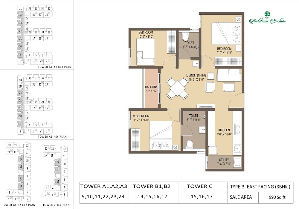 Floor plan of 3 BHK 990 Sq. Ft. Apartment in GM Ambitious Enclave, Bangalore