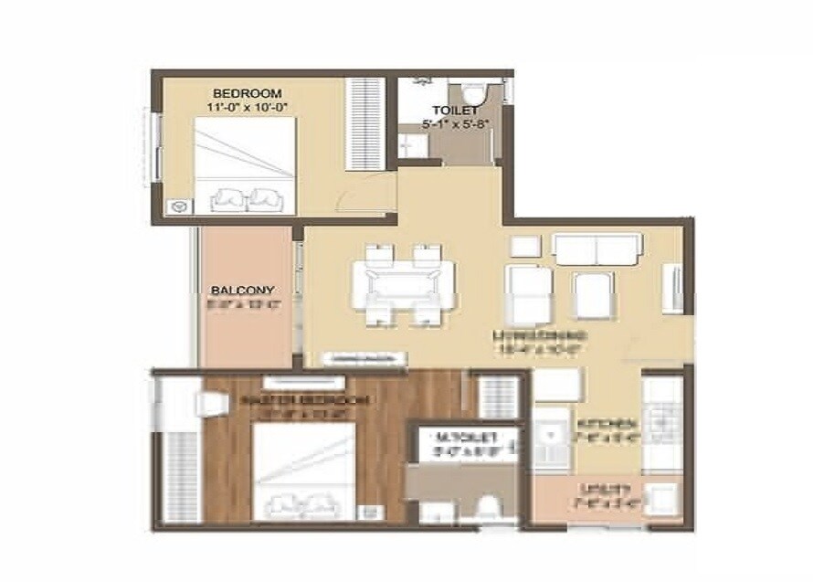 Floor plan of 2 BHK 1000 Sq. Ft. Apartment in GM Global Techies Town, Bangalore