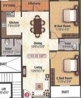 Floor plan of 2 BHK 1183 Sq. Ft. Apartment in GM Heritage, Bangalore