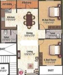 Floor plan of 2 BHK 1194 Sq. Ft. Apartment in GM Heritage, Bangalore