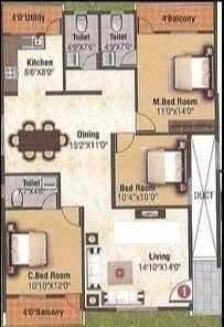 Floor plan of 3 BHK 1535 Sq. Ft. Apartment in GM Heritage, Bangalore