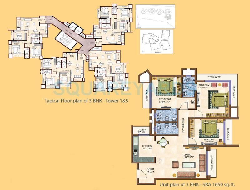Floor plan of 3 BHK 1650 Sq. Ft. Apartment in GM Infinite Daffodils, Bangalore