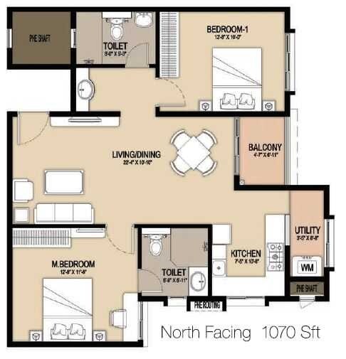 Floor plan of 2 BHK 1070 Sq. Ft. Apartment in GM Infinite E City Town, Bangalore