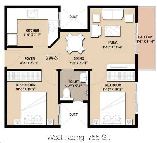 Floor plan of 2 BHK 755 Sq. Ft. Apartment in GM Infinite E City Town, Bangalore
