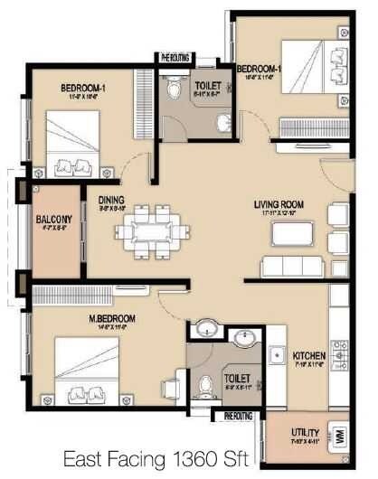 Floor plan of 3 BHK 1360 Sq. Ft. Apartment in GM Infinite E City Town, Bangalore