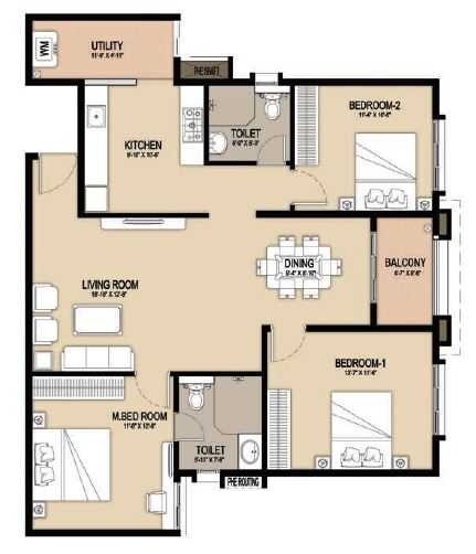Floor plan of 3 BHK 1500 Sq. Ft. Apartment in GM Infinite E City Town, Bangalore