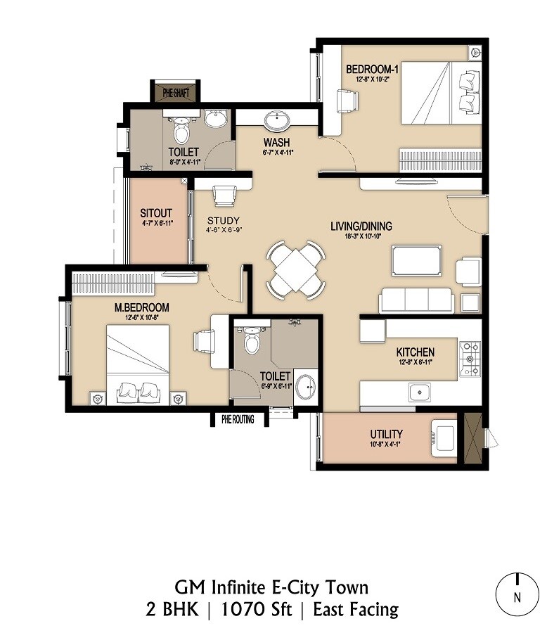Floor plan of 2 BHK 1070 Sq. Ft. Apartment in GM Infinite E City Town Phase II, Bangalore