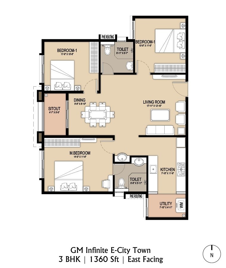 Floor plan of 3 BHK 1360 Sq. Ft. Apartment in GM Infinite E City Town Phase II, Bangalore