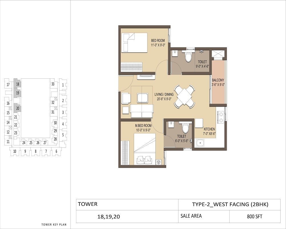 Floor plan of 2 BHK 800 Sq. Ft. Apartment in GM North Enclave, Bangalore