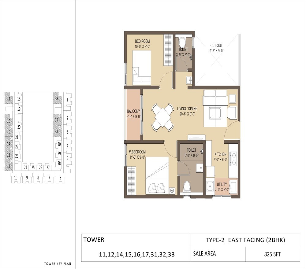 Floor plan of 2 BHK 825 Sq. Ft. Apartment in GM North Enclave, Bangalore