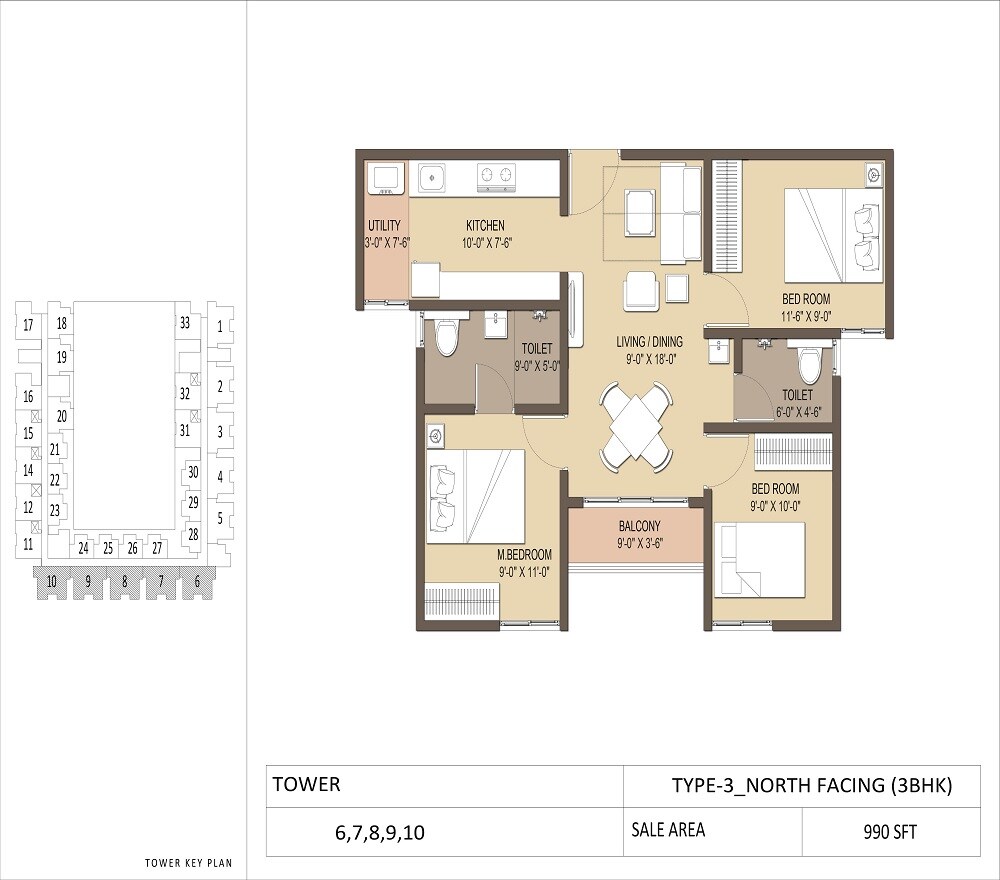 Floor plan of 3 BHK 990 Sq. Ft. Apartment in GM North Enclave, Bangalore
