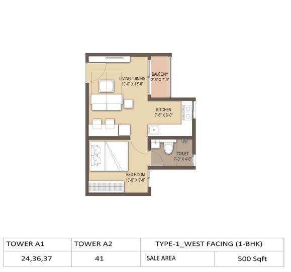Floor plan of 1 BHK 500 Sq. Ft. Apartment in GM Orchid Enclave, Bangalore