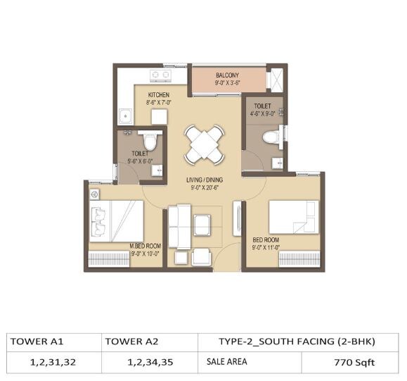 Floor plan of 2 BHK 770 Sq. Ft. Apartment in GM Orchid Enclave, Bangalore