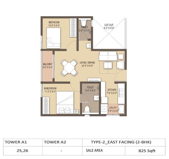 Floor plan of 2 BHK 825 Sq. Ft. Apartment in GM Orchid Enclave, Bangalore