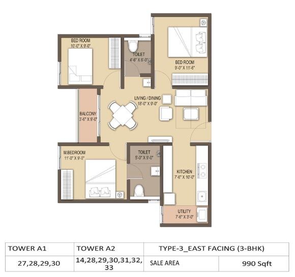 Floor plan of 3 BHK 990 Sq. Ft. Apartment in GM Orchid Enclave, Bangalore